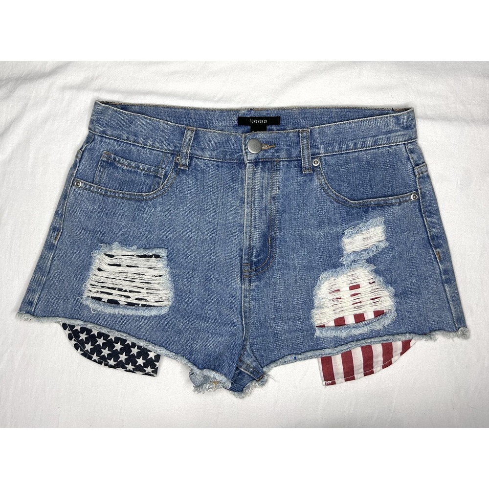 Forever 21 Denim Shorts Womens 30 M Blue Distressed Cutoff USA Cutoff July USA